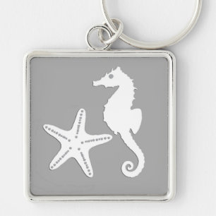 Seahorse & starfish - white on silver grey key ring