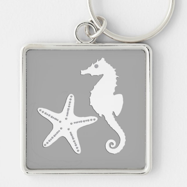 Seahorse & starfish - white on silver grey key ring (Front)