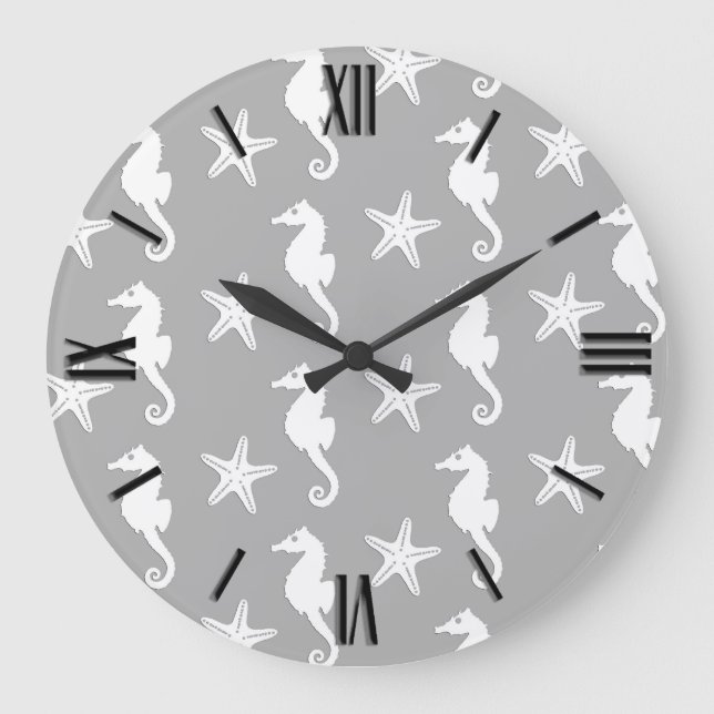 Seahorse & starfish - white on silver grey large clock (Front)