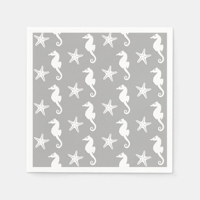 Seahorse & starfish - white on silver grey napkin (Front)