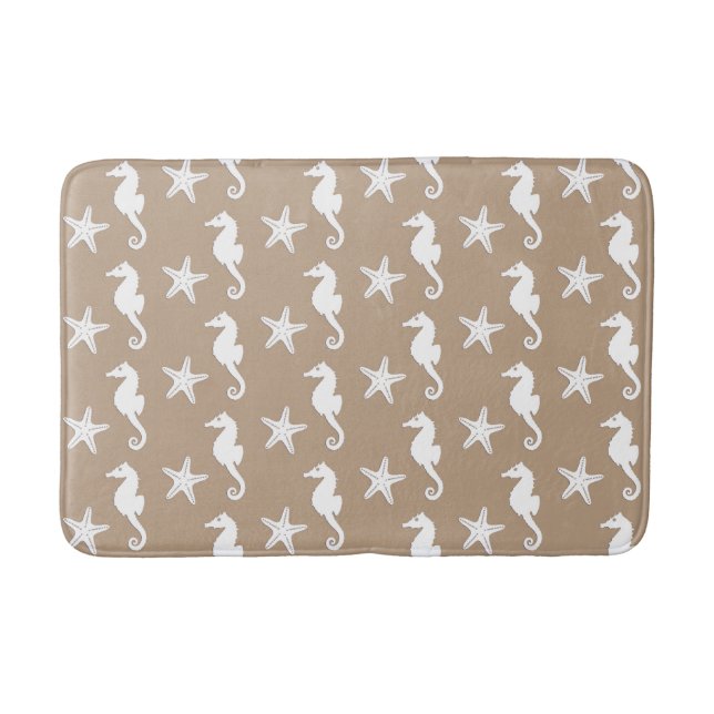 Seahorse & starfish - white on taupe tan bath mat (Front)