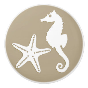 Seahorse & starfish - white on taupe tan ceramic knob