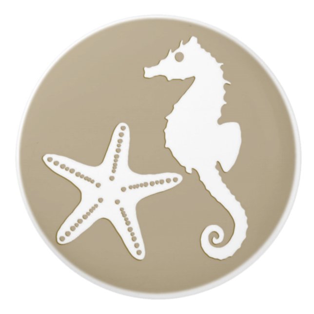 Seahorse & starfish - white on taupe tan ceramic knob (Front)