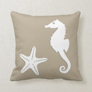 Seahorse & starfish - white on taupe tan cushion