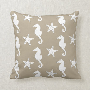 Seahorse & starfish - white on taupe tan cushion