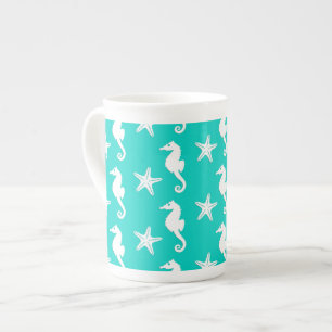 Seahorse & starfish - white on turquoise bone china mug