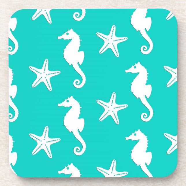 Seahorse & starfish - white on turquoise coaster (Front)