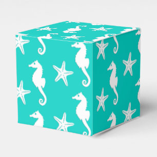 Seahorse & starfish - white on turquoise favour box