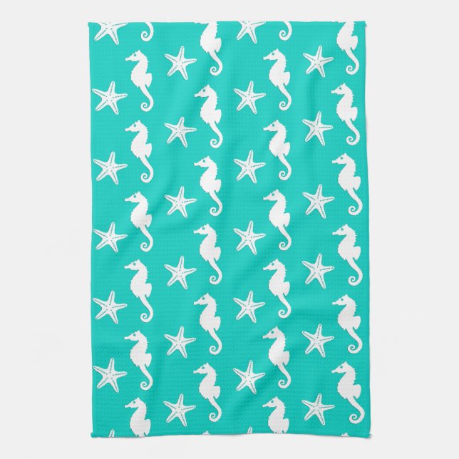 Seahorse & starfish - white on turquoise tea towel (Vertical)
