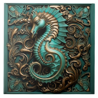 Seahorse Teal and Copper Marine Life Aquatic Tile