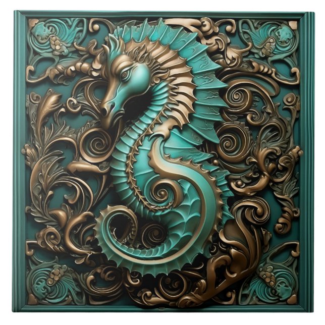 Seahorse Teal and Copper Marine Life Aquatic Tile (Front)