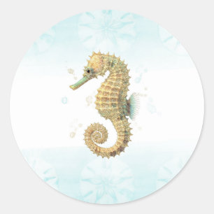 Seahorse Teal & Gold Watercolor Coastal Beach Classic Round Sticker