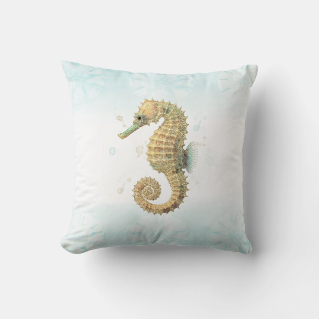 Seahorse Teal & Gold Watercolor Coastal Beach Cushion (Front)