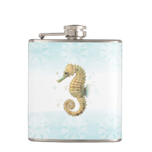 Seahorse Teal & Gold Watercolor Coastal Beach Hip Flask