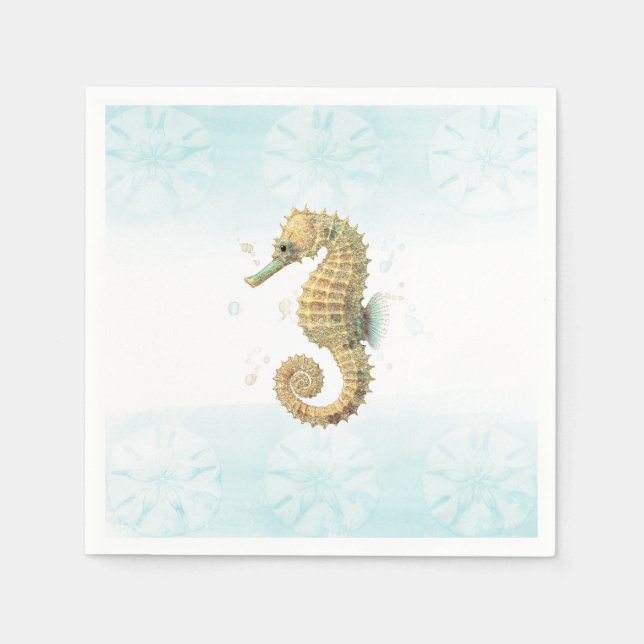 Seahorse Teal & Gold Watercolor Coastal Beach Napkin (Front)