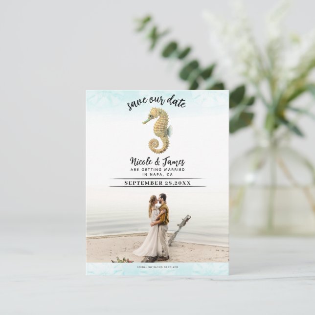 Seahorse Teal & Gold Watercolor Save the Date Invitation (Standing Front)