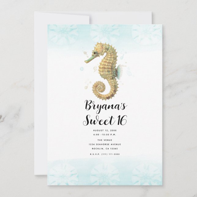 Seahorse Teal & Gold Watercolor Sweet 16 Invitation (Front)
