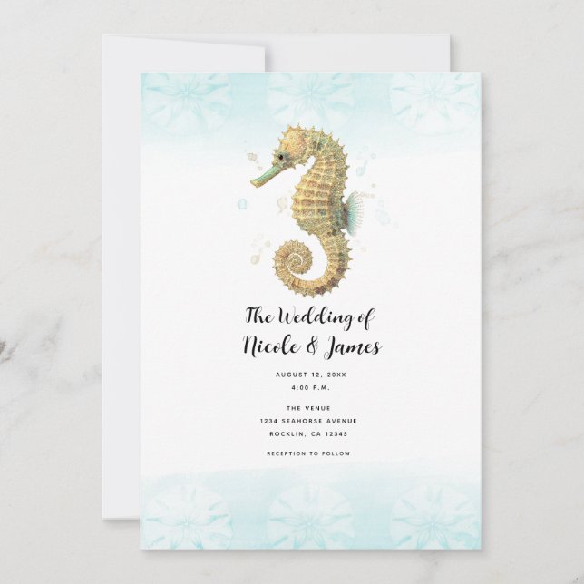 Seahorse Teal & Gold Watercolor Wedding Invitation (Front)