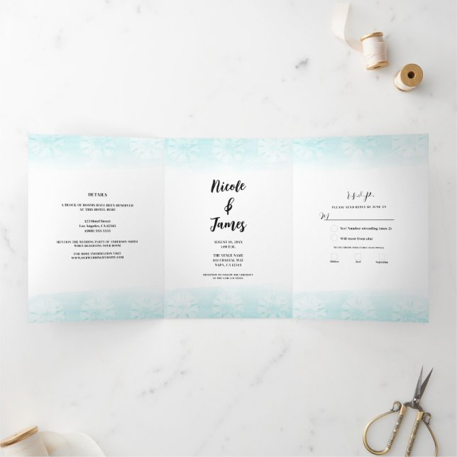 Seahorse Teal & Gold Watercolor Wedding Tri-Fold Invitation (Inside)