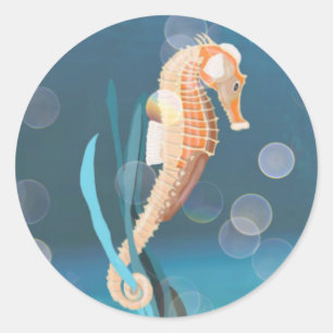 Seahorse tethered on Seaweed Classic Round Sticker