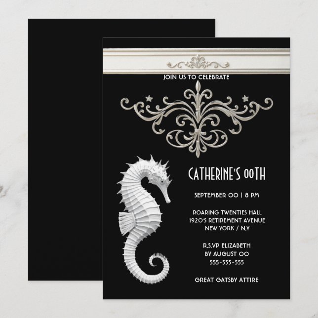 Seahorse theme summer beach birthday black white invitation (Front/Back)