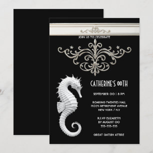 Seahorse theme summer beach birthday black white invitation