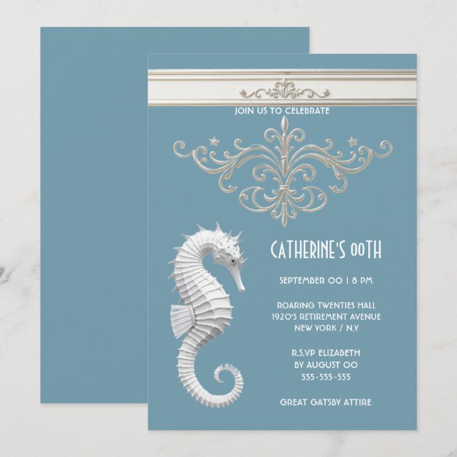Seahorse theme summer beach birthday blue white invitation (Front/Back)