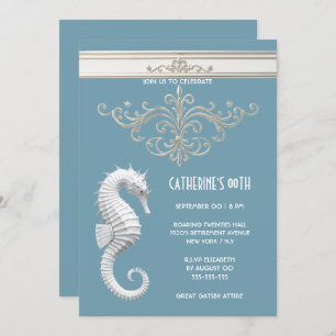 Seahorse theme summer beach birthday blue white invitation