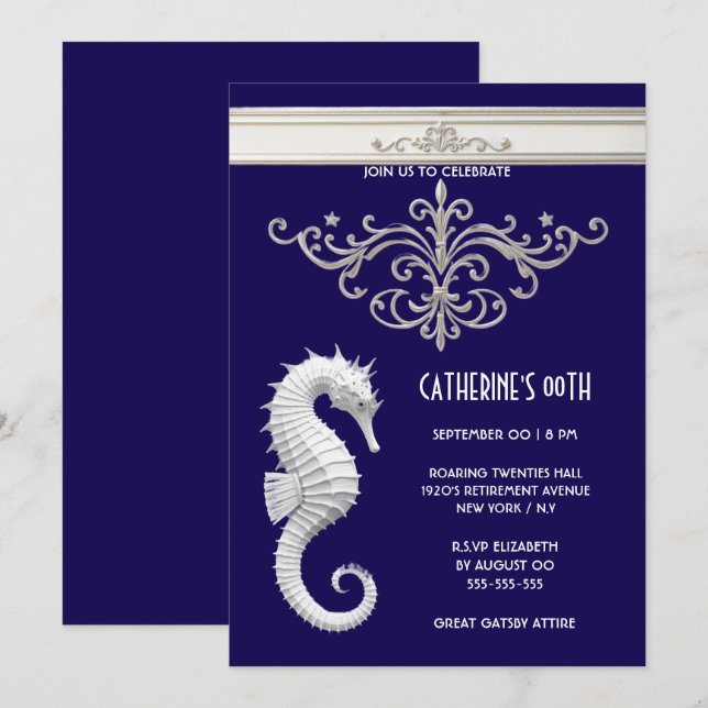 Seahorse theme summer beach birthday navy white invitation (Front/Back)