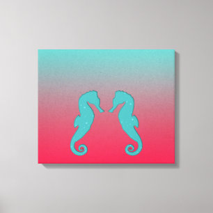 Seahorse turquoise aqua silhouettes Nautical beach Canvas Print