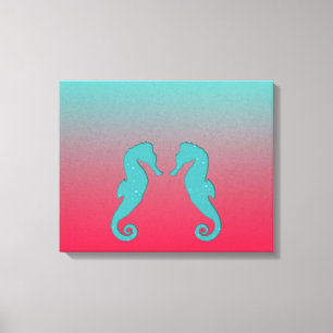 Seahorse turquoise aqua silhouettes Nautical beach Canvas Print