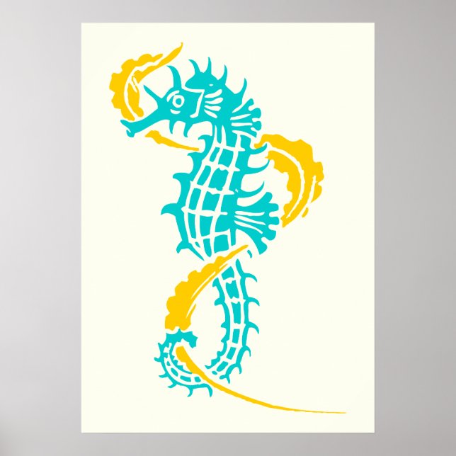 Seahorse turquoise blue, yellow and seaweed poster (Front)