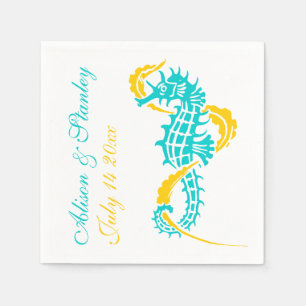 Seahorse turquoise, yellow beach wedding napkin