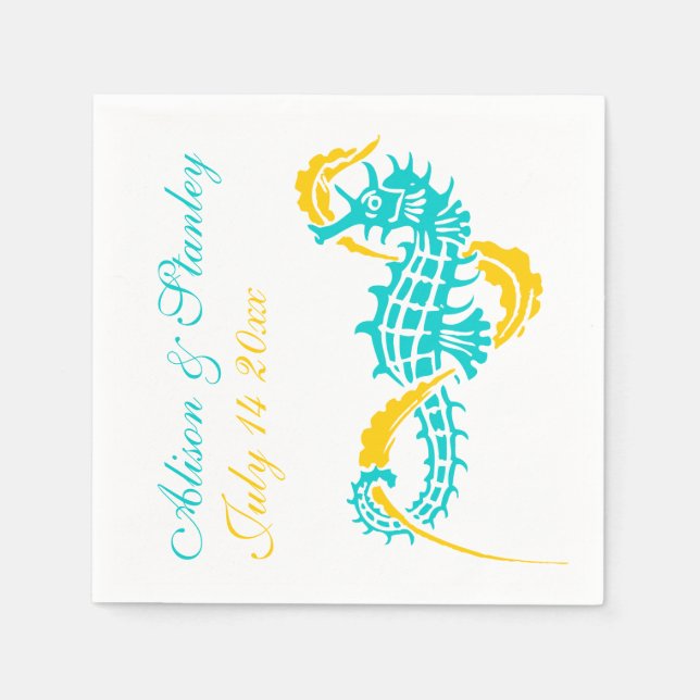 Seahorse turquoise, yellow beach wedding napkin (Front)