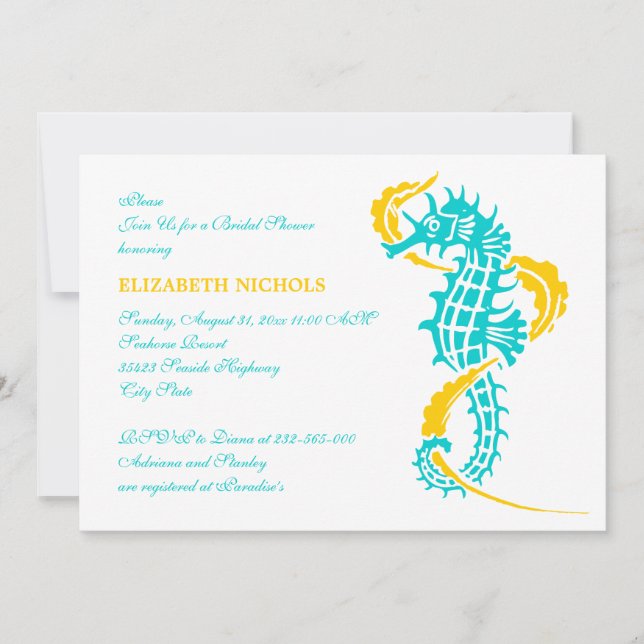 Seahorse turquoise, yellow wedding bridal shower invitation (Front)