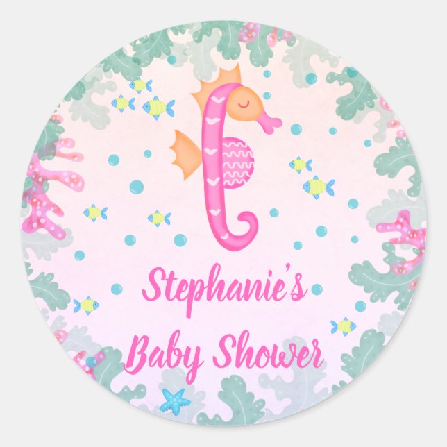 Seahorse Under The Sea Baby Shower Classic Round Sticker (Front)