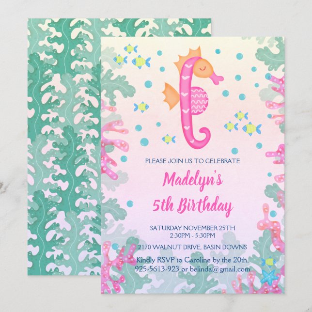 Seahorse Under The Sea Birthday Party Invitation (Front/Back)