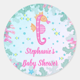 Seahorse Under The Sea Blue Baby Shower Classic Round Sticker