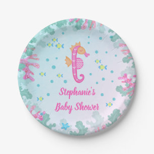 Seahorse Under The Sea Blue Baby Shower Paper Plate