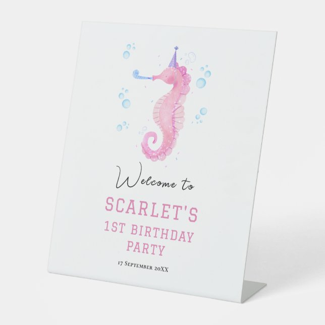 Seahorse Under the sea first birthday tabletop Pedestal Sign (Front)