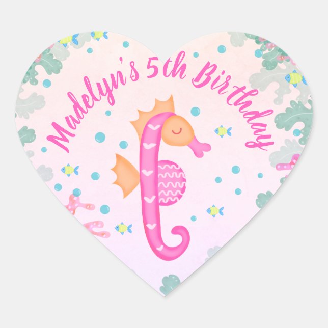 Seahorse Under The Sea Pink Birthday Heart Sticker (Front)