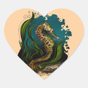Seahorse Underwater Serene Cream Yellow Elegance Heart Sticker