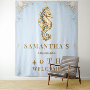 Seahorse vintage beach milestone birthday photo tapestry