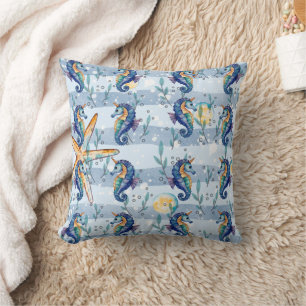 Seahorse Watercolor Blue Print Cushion