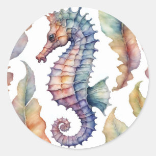 Seahorse Watercolor Coastal Decor Classic Round Sticker