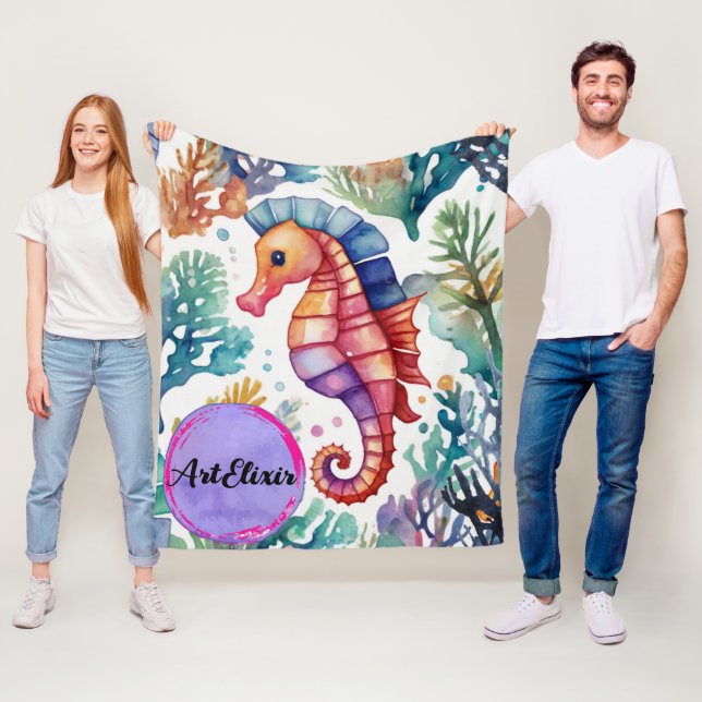 Seahorse Watercolor Print Fleece Blanket (In Situ)