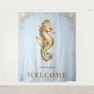 Seahorse welcome sign vintage beach photo backdrop tapestry