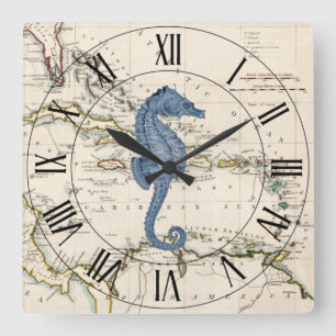 Seahorse~West Indies~Caribbean 1785 Nautical Map~ Square Wall Clock
