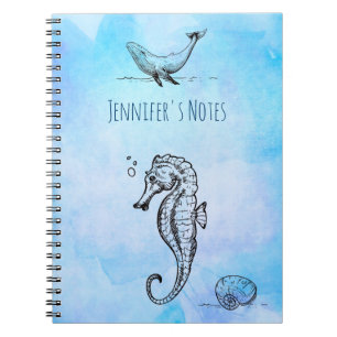 Seahorse, Whale and Seashell on Blue Watercolor Notebook
