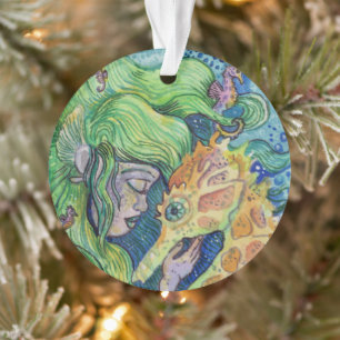 Seahorse Whisperer Mermaid watercolor art Ornament